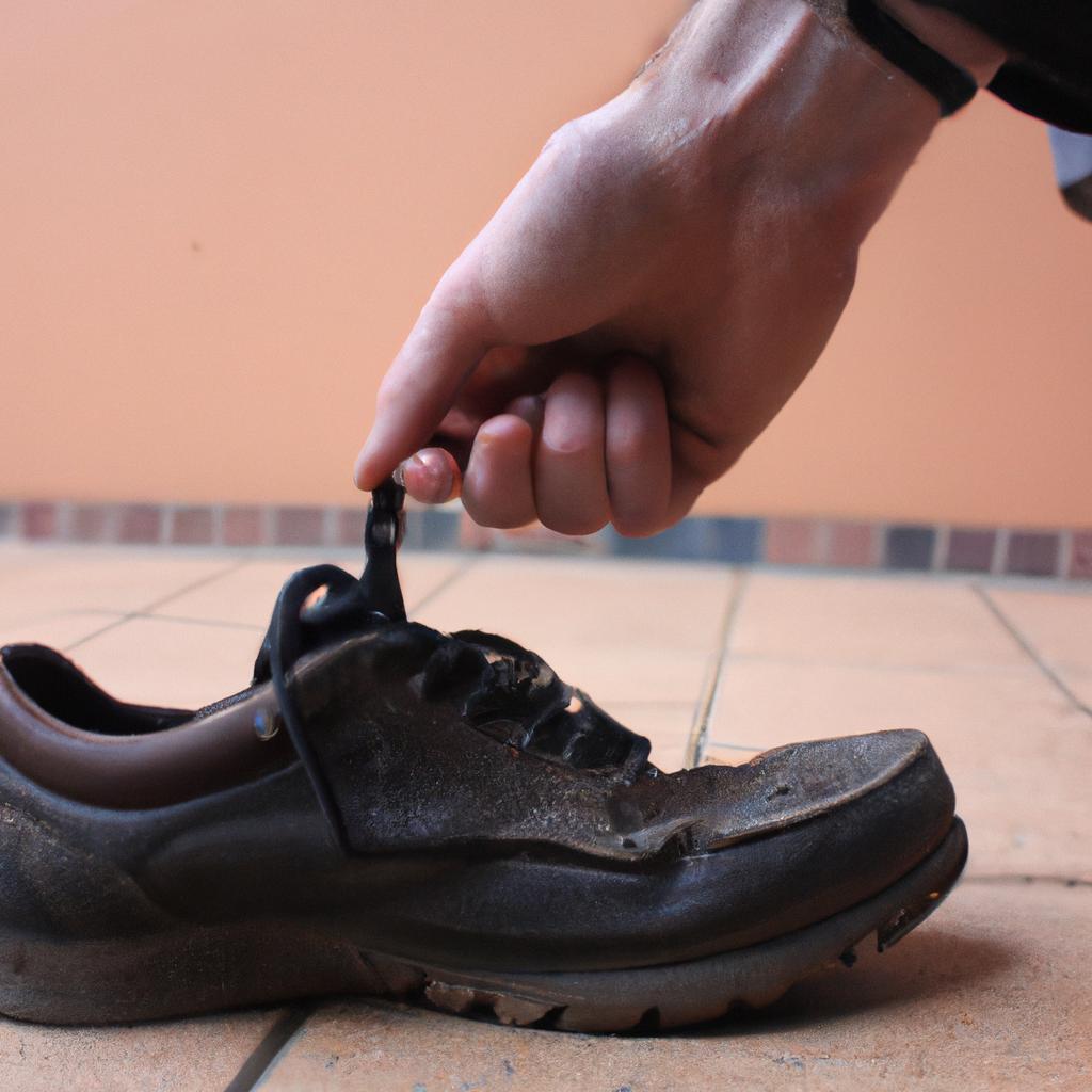 Person inspecting worn-out shoes